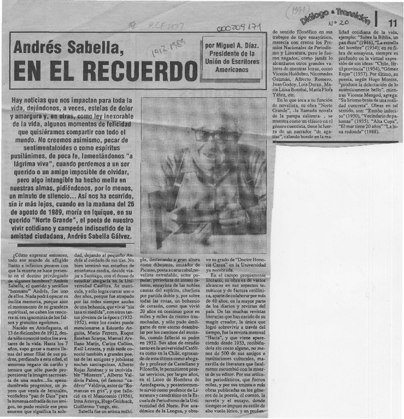 Andrés Sabella en el recuerdo  [artículo] Miguel A. Díaz.
