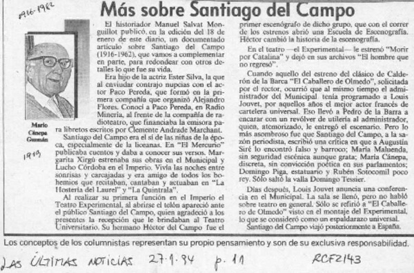 Más sobre Santiago del Campo  [artículo] Mario Cánepa Guzmán.