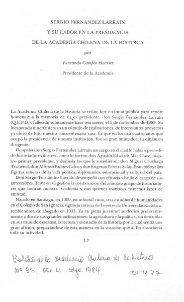 Sergio Fernández Larraín y su labor en la presidencia de la Academia Chilena de La Historia