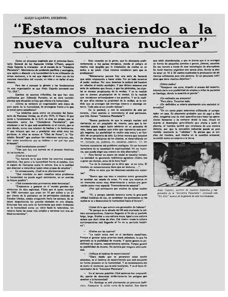 Alejo Gajardo, escritor "Estamos naciendo a la nueva cultura nuclear"