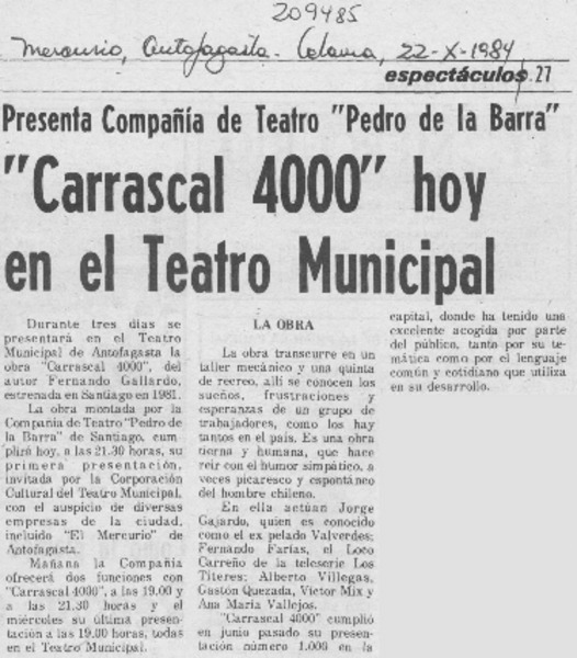 "Carrascal 4000" hoy en el Teatro Municipal