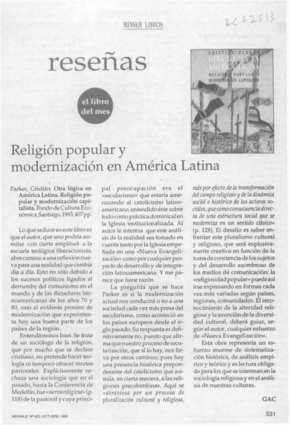 Religión popular y modernización en América Latina  [artículo] Gac.