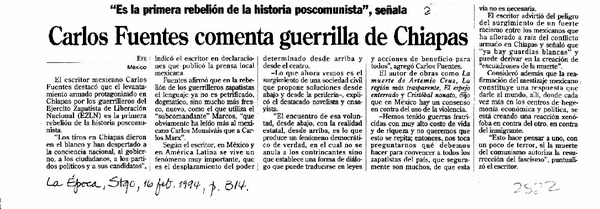 Carlos Fuentes comenta guerrilla de Chiapas  [artículo].