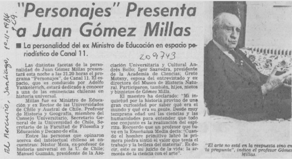 "Personajes" presenta a Juan Gómez Millas