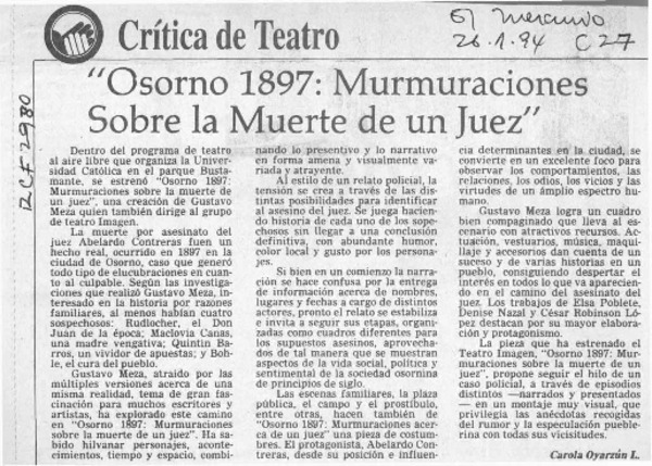"Osorno 1897, murmuraciones sobre la muerte de un juez"  [artículo] Carola Oyarzún L.