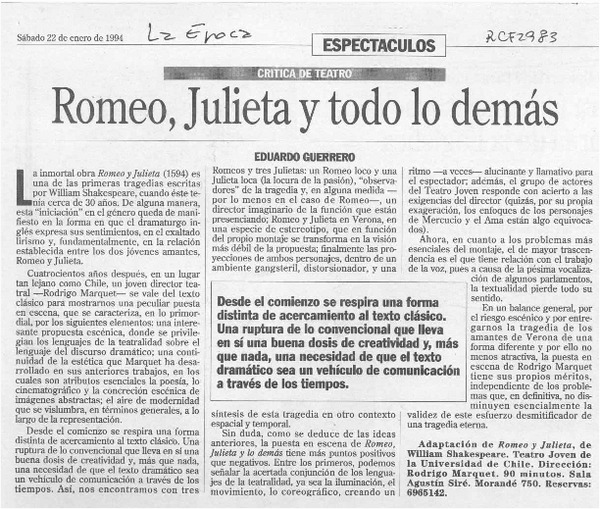 Romeo, Julieta y todo lo demás  [artículo] Eduardo Guerrero.
