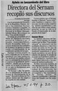 Directora del Sernam recopiló sus discursos  [artículo] Claudia A. Sánchez.