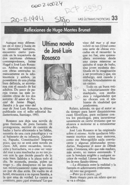 Ultima novela de José Luis Rosasco  [artículo] Hugo Montes Brunet.