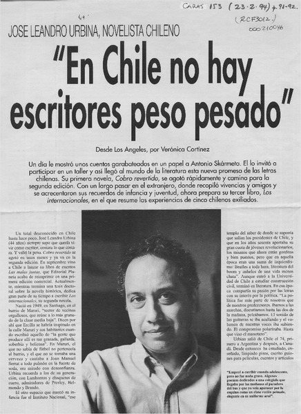 "En Chile no hay escritores peso pesado"  [artículo] Verónica Cortínez.