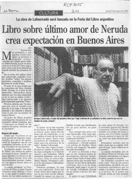 Libro sobre último amor de Neruda crea expectación en Buenos Aires  [artículo].