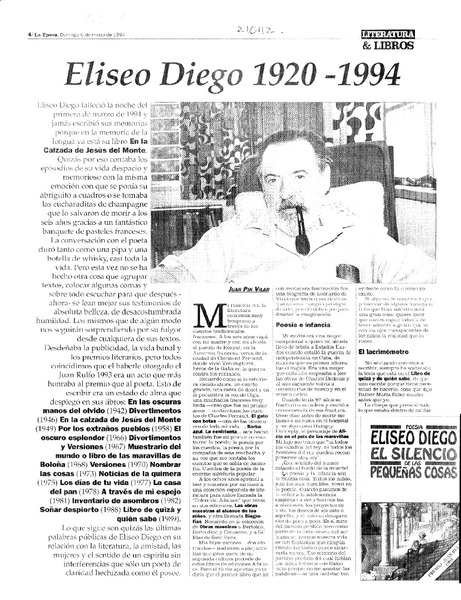 Eliseo Diego 1920-1994  [artículo] Juan Pin Vilar.