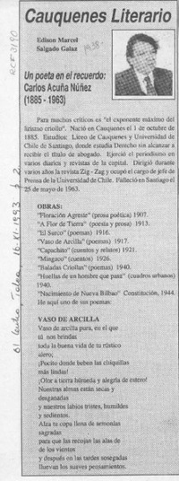 Un poeta en el recuerdo, Carlos Acuña Núñez (1885-1963)  [artículo] Edison Marcel Salgado Galaz.