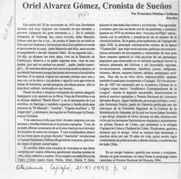 Oriel Alvarez Gómez, cronista de sueños  [artículo] Francisco Medina Cárdenas.