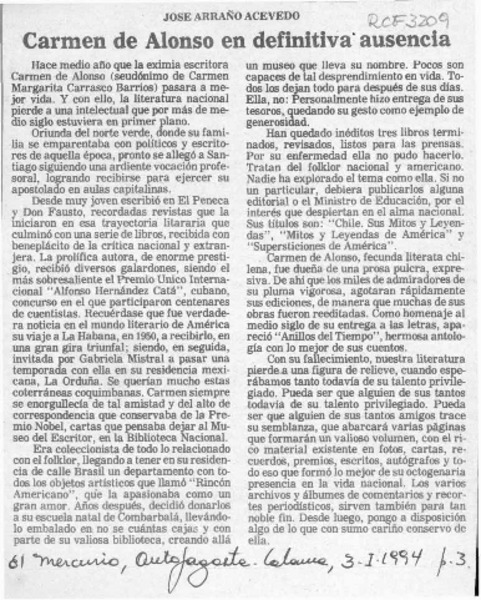 Carmen de Alonso en definitiva ausencia  [artículo] José Arraño Acevedo.