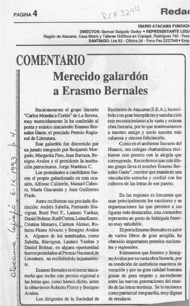 Merecido galardón a Erasmo Bernales  [artículo].