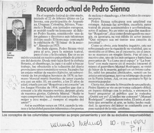 Recuerdo actual de Pedro Sienna  [artículo] Luis Merino Reyes.