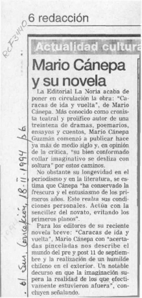 Mario Cánepa y su novela  [artículo].