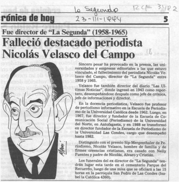 Falleció destacado periodista Nicolás Velasco del Campo  [artículo].