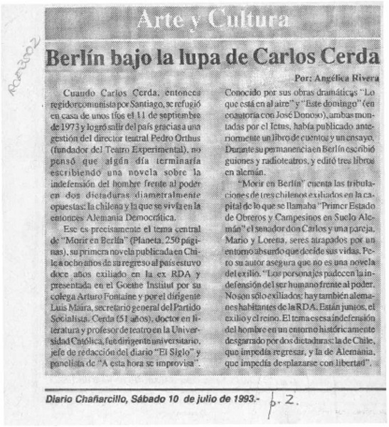 Berlín bajo la lupa de Carlos Cerda  [artículo] Angélica Rivera.