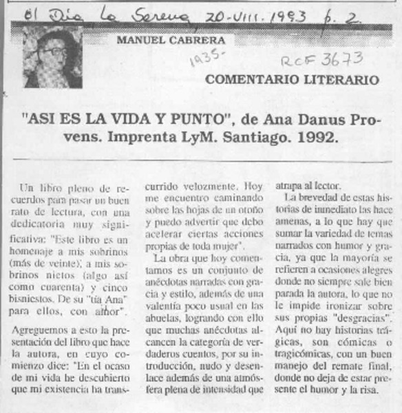 "Así es la vida y punto", de Ana Danús Provens  [artículo] Manuel Cabrera.