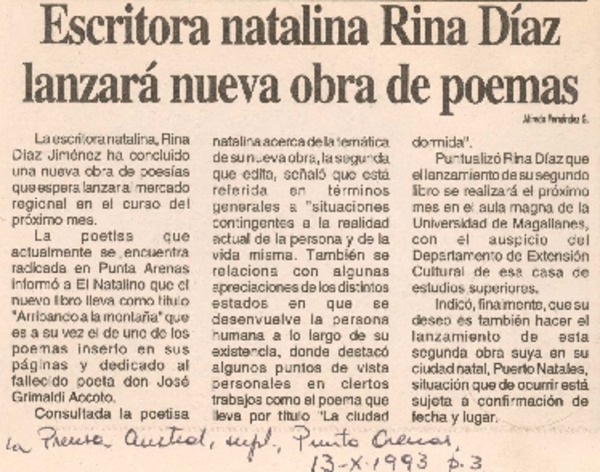 Escritora natalina Rina Díaz lanzará nueva obra de poemas