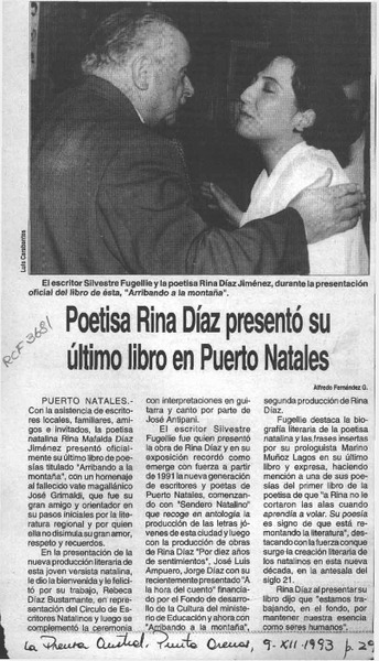 Poetisa Rina Díaz presentó su último libro en Puerto Natales  [artículo] Alfredo Fernández G.