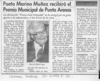 Poeta Marino Muñoz recibirá el Premio Municipal de Punta Arenas  [artículo].