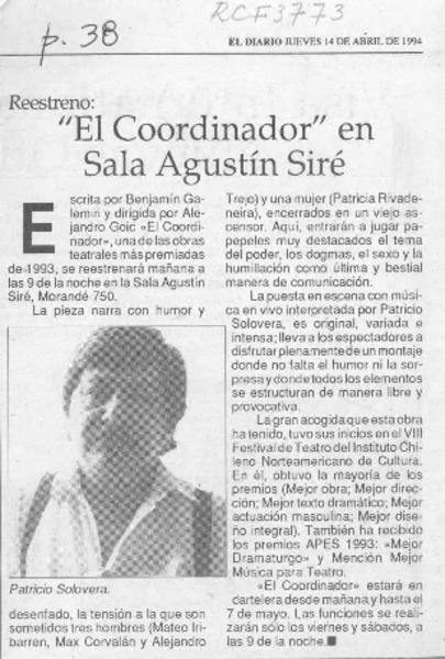 "El Coordinador" en sala Agustín Siré  [artículo].