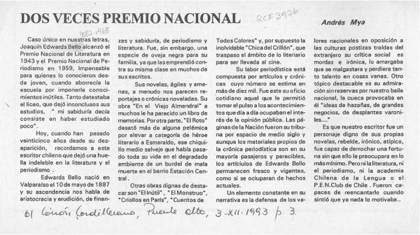 Dos veces Premio Nacional  [artículo] Andrés Mya.