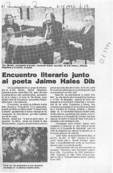 Encuentro literario junto al poeta Jaime Hales Dib  [artículo].
