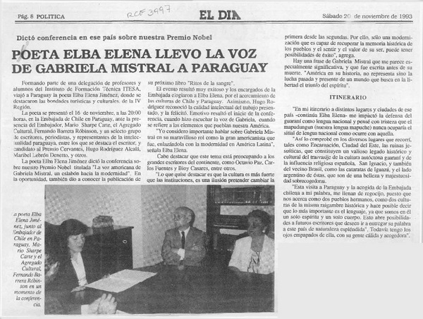 Poeta Elba Elena llevó la voz de Gabriela Mistral a Paraguay  [artículo].