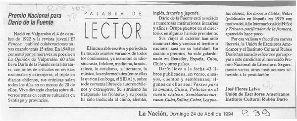 Premio Nacional para Darío de la Fuente  [artículo] José Flores Leiva.