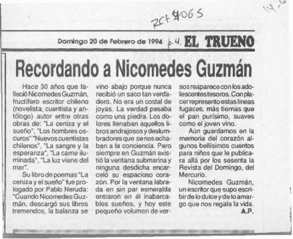 Recordando a Nicomedes Guzmán  [artículo] A. P.