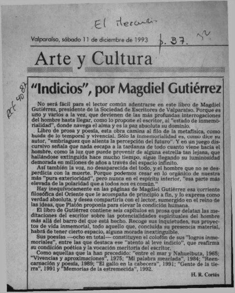 "Indicios", por Magdiel Gutiérrez  [artículo] H. R. Cortés.