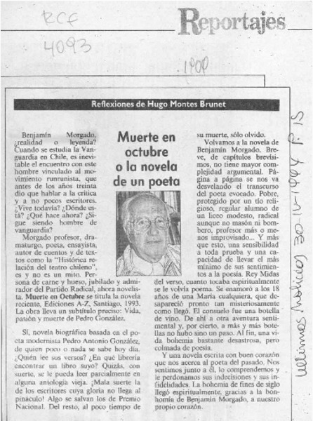 Muerte en octubre o la novela de un poeta  [artículo] Hugo Montes Brunet.