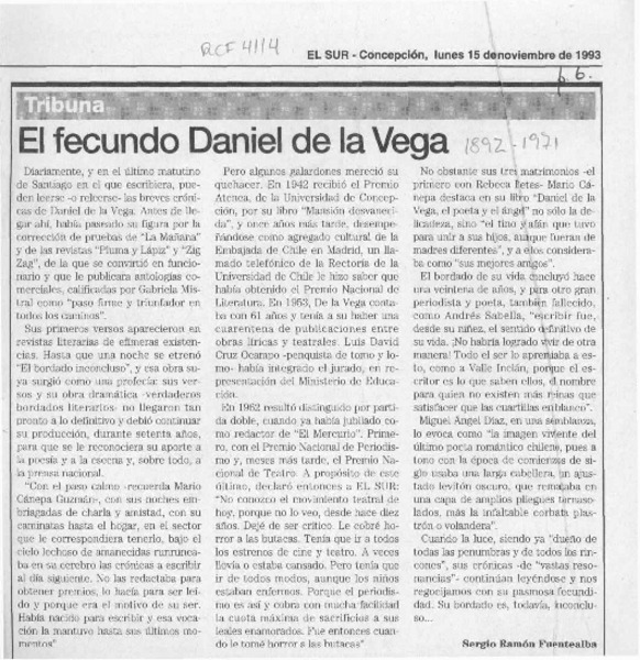 El fecundo Daniel de la Vega  [artículo] Sergio Ramón Fuentealba.