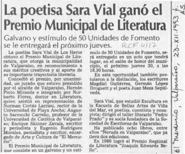 La Poetisa Sara Vial ganó el Premio Municipal de Literatura  [artículo].