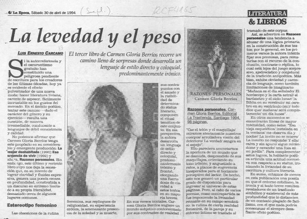 La levedad y el peso  [artículo] Luis Ernesto Cárcamo.