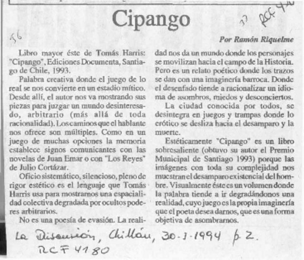 Cipango  [artículo] Ramón Riquelme.