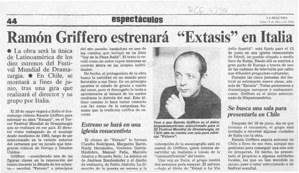 Ramón Griffero estrenará "Extasis" en Italia  [artículo].