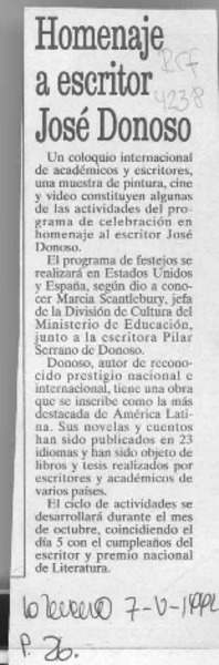 Homenaje a escritor José Donoso  [artículo].