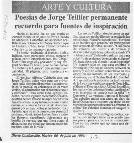 Poesías de Jorge Teillier permanente recuerdo para fuentes de inspiración  [artículo].