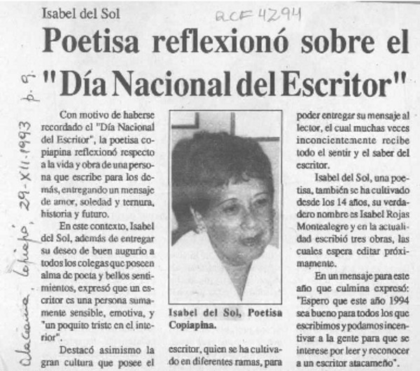 Poetisa reflexionó sobre el "Día nacional del escritor"  [artículo].