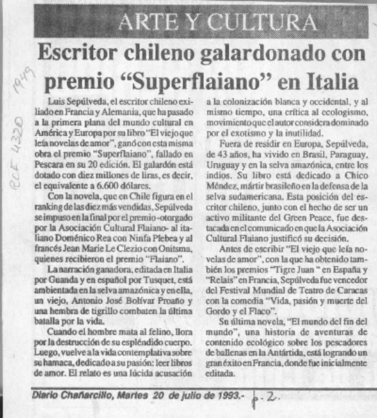 Escritor chileno galardonado con premio "Superflaiano" en Italia  [artículo].