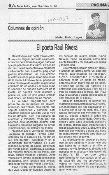 El poeta Raúl Rivera  [artículo] Marino Muñoz Lagos.