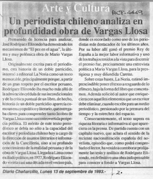 Un Periodista chileno analiza en profundidad obra de Vargas Llosa  [artículo].