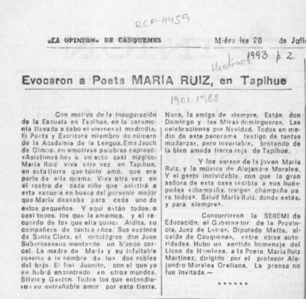 Evocaron a poeta María Ruiz, en Tapihue  [artículo].