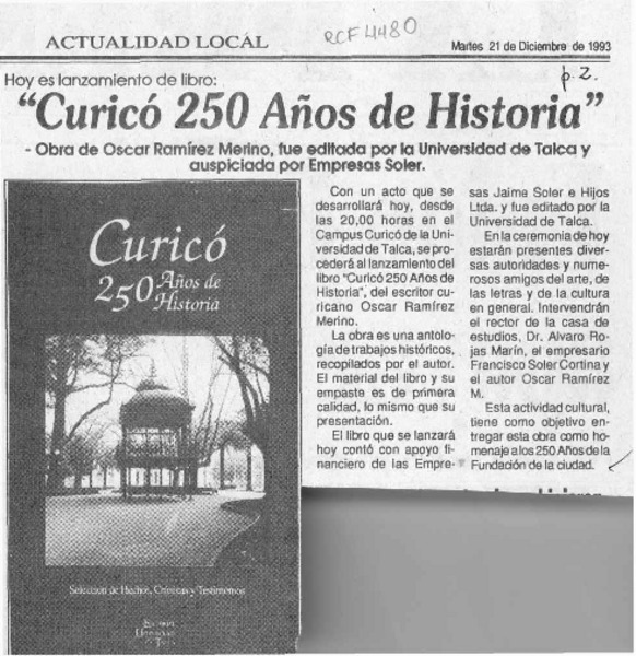 "Curicó 250 años de historia"  [artículo].