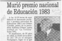 Murió Premio Nacional de Educación 1983  [artículo].