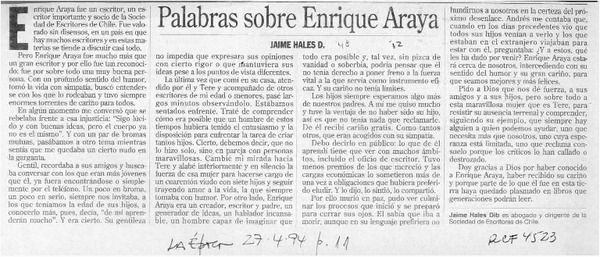 Palabras sobre Enrique Araya  [artículo] Jaime Hales D.